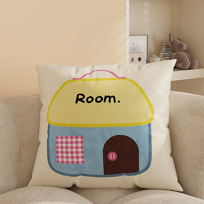 Square Plush Decorative Cushion Pillow with Illustrated House 'Room' Motif