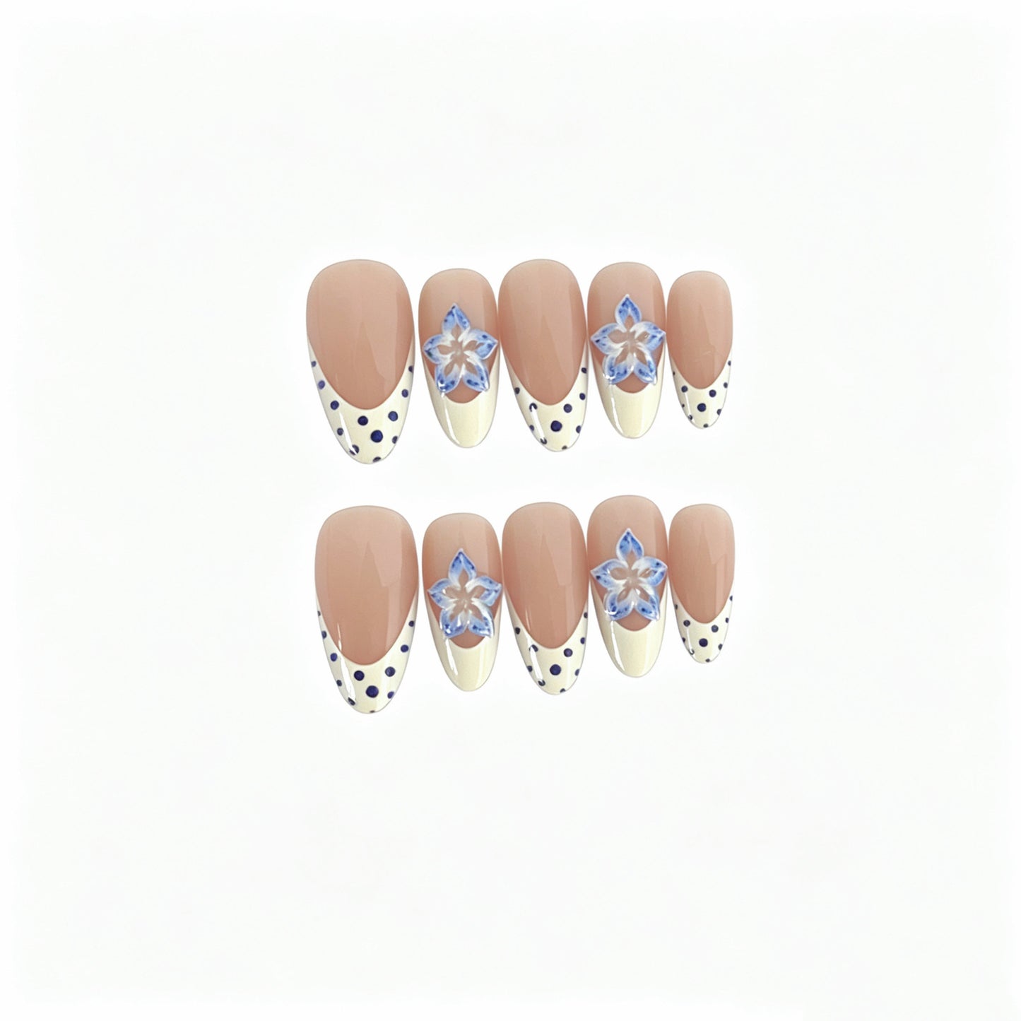 Künstlerisches Press-On-Nagelset mit floralem und Punktedesign Brehn