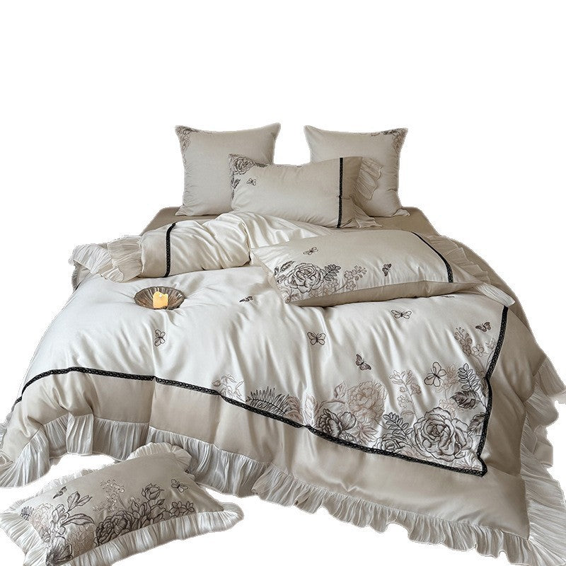 Luxuriös bestickter Rüschensatin Bettwäsche Set