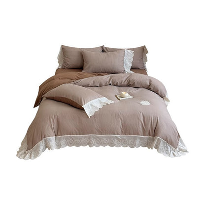 Rüsch Lace-Trim Baumwolle Duvet Cover Bettwäsche Set mit gewelltem gesticktem Saum