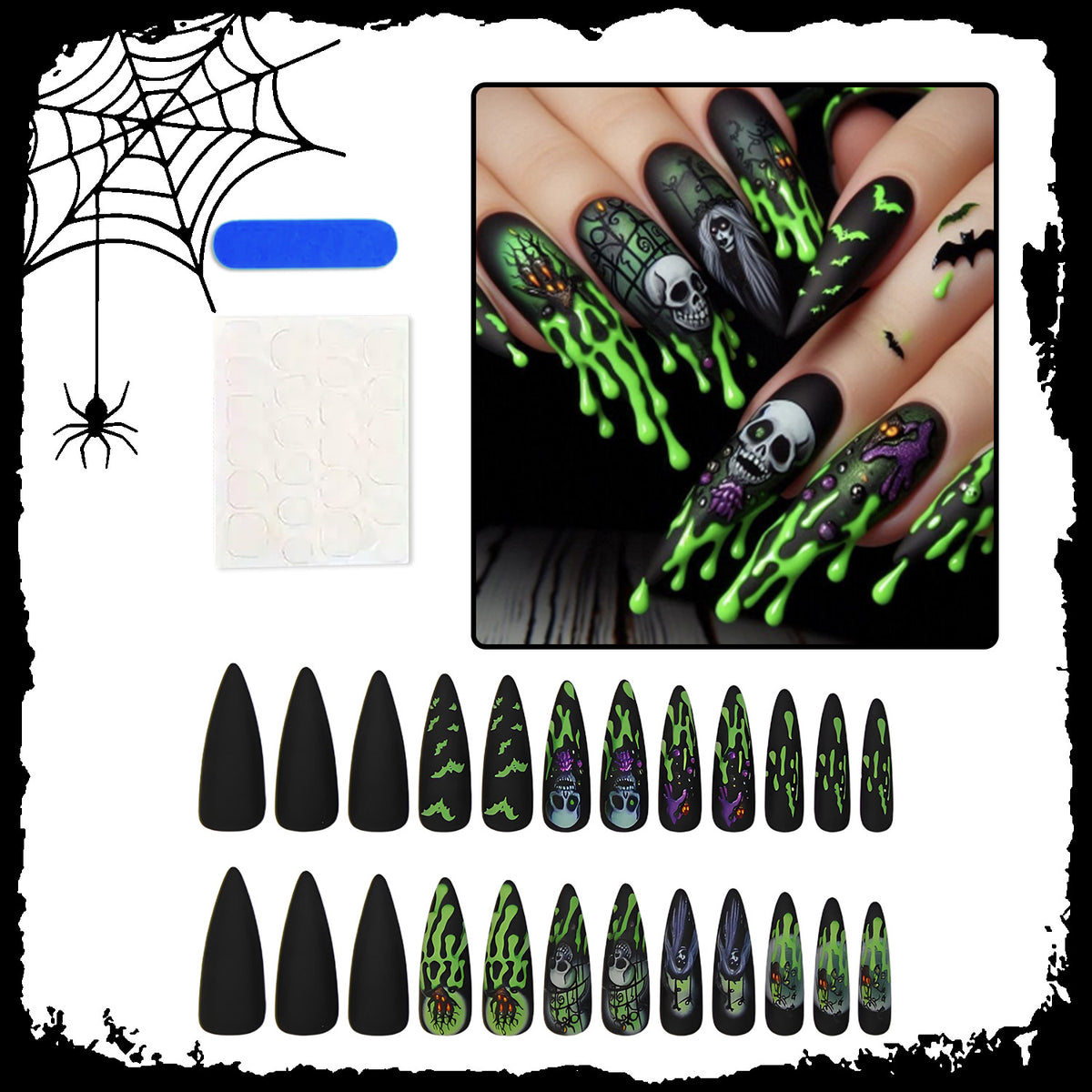 Künstliche Halloween Kunstnägel mit kreativen Geister- und Spinnenmotiven Brehn