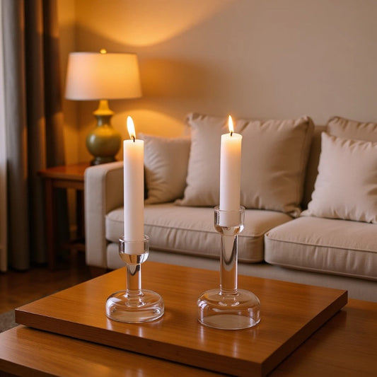 Minimalistische klare Glas-Taper-Kerzenständer-Paar mit gewichtetem Sockel Brehn