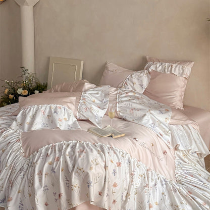 Rüsch Floral Baumwolle Sateen Bettwäsche Set mit Kissenbezügen und Bettrock