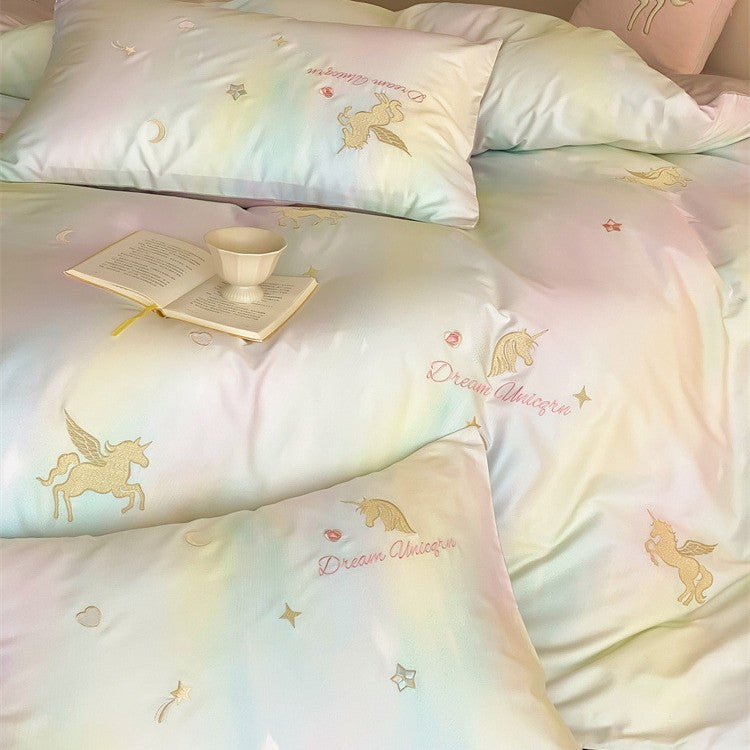 Kinder-Bettwäsche-Garnitur mit Einhorn-Print, Pastell-Verlauf und Baumwollsatin Brehn