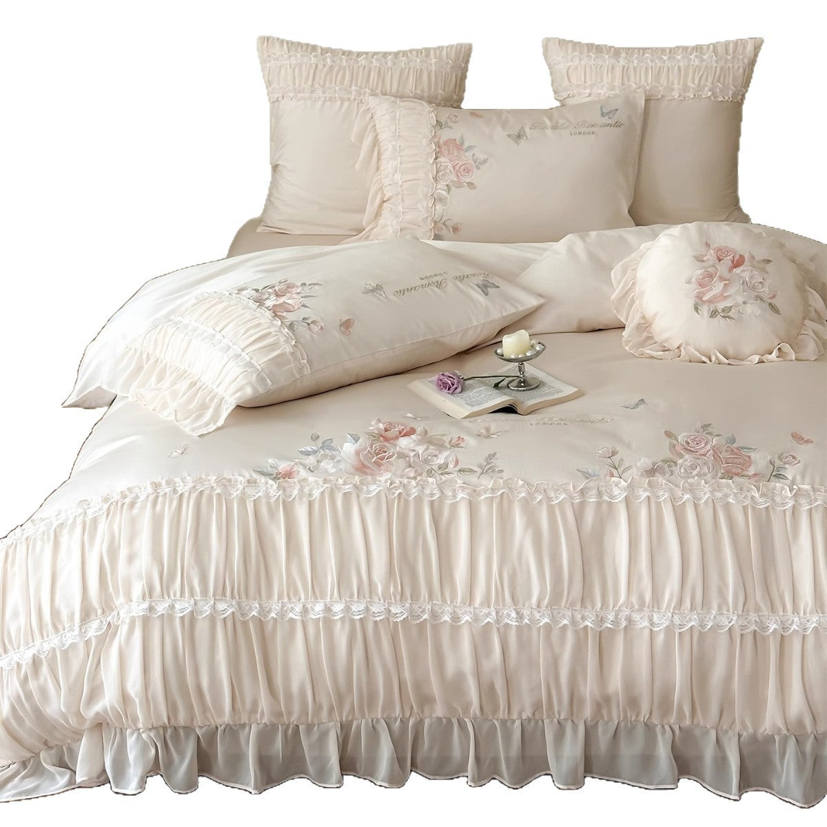 Rüschend Ornamentierte Rosen-Print Baumwollsatin Bettbezug & Kissenbezug Ensemble mit Rüschensaum-Style Bettrock
