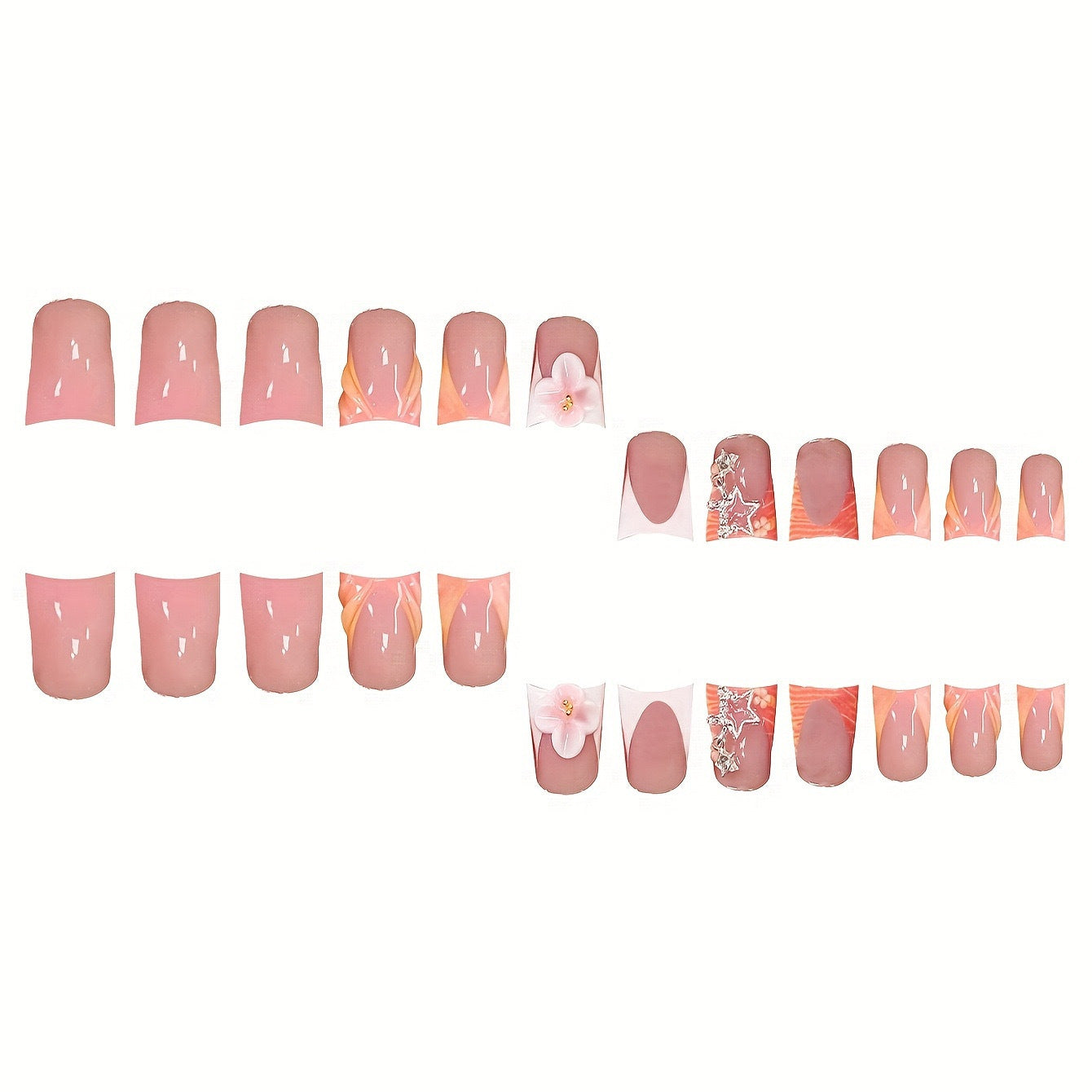 Künstlerisches Press-On Nagelkunst Set mit floralen und Edelstein-Akzenten Brehn