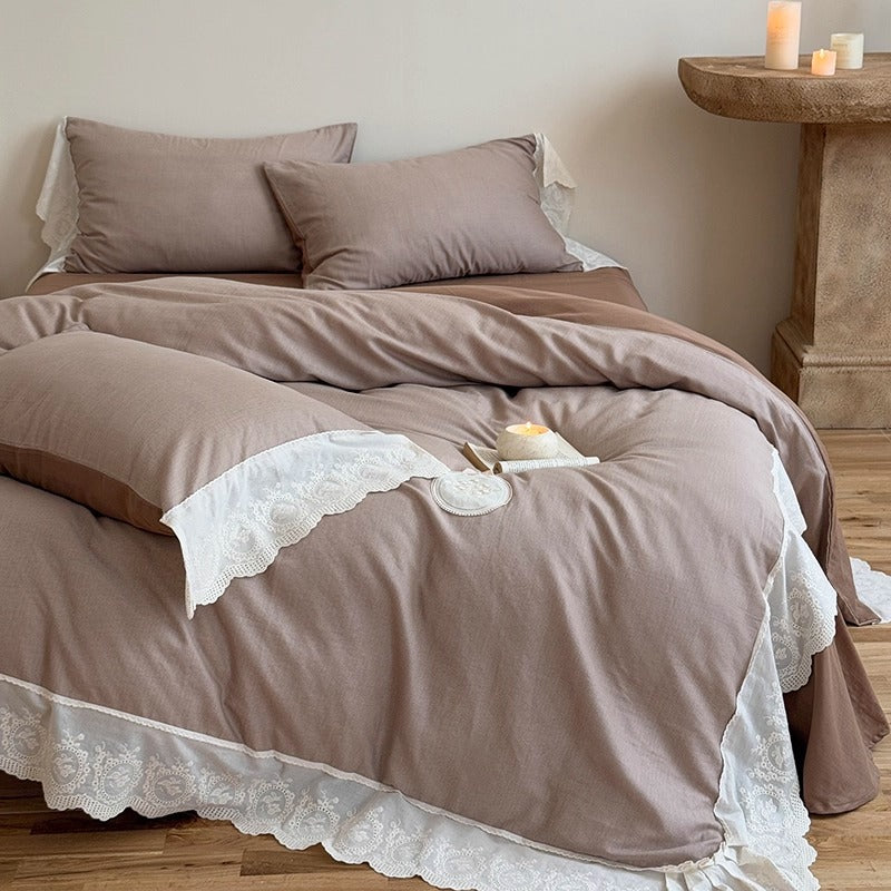 Rüsch Lace-Trim Baumwolle Duvet Cover Bettwäsche Set mit gewelltem gesticktem Saum