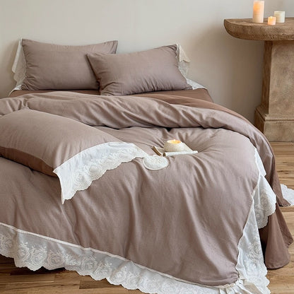 Rüsch Lace-Trim Baumwolle Duvet Cover Bettwäsche Set mit gewelltem gesticktem Saum