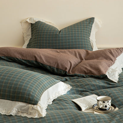 Bettwäsche-Set aus Flanell mit Karomuster, Wendebettbezug und Spitzenrand