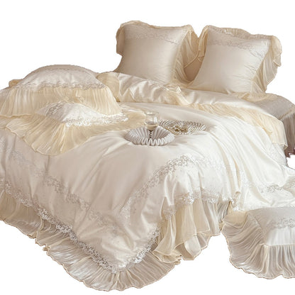 Romantisches Rüschendes Organza-Trim Besticktes Bettbezug-Set