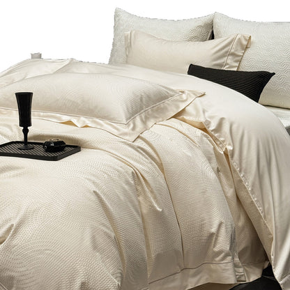Strukturiertes Jacquard-Baumwoll-Satin-Duvetbezug-Set mit satinierter Kante und gesteppten Euro-Kissenbezügen