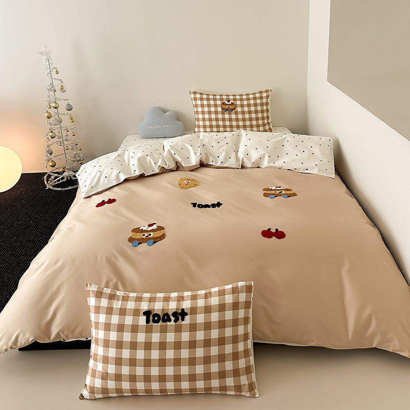 Besticktes Bunny Baumwollsatin Bettbezug-Set mit Gingham Kissenbezügen