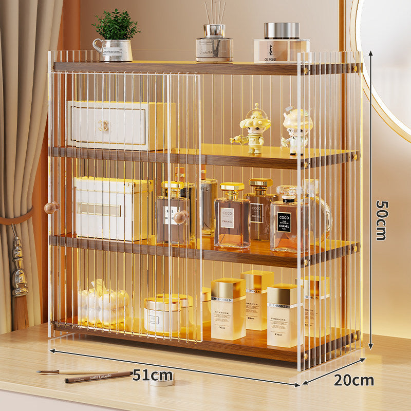 Mehrerebenen-Acryl-Parfüm- und Make-up-Displayregal mit schiebbaren Türchen mit goldenen Verzierungen