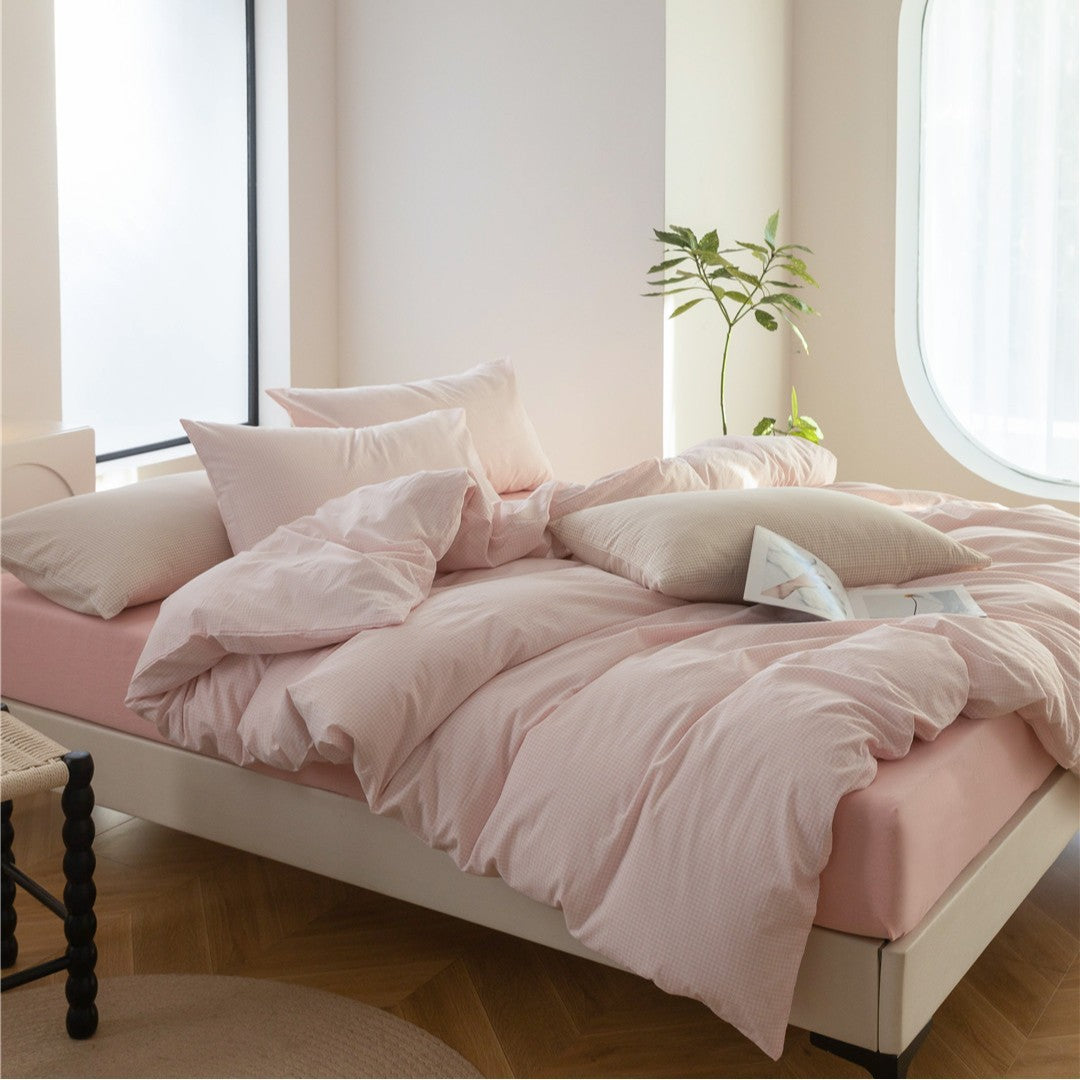 Umkehrbare Baumwoll-Satin Gingham Bettbezug Bettwäsche Set mit tiefem Laken und Umschlag-Kissenbezügen