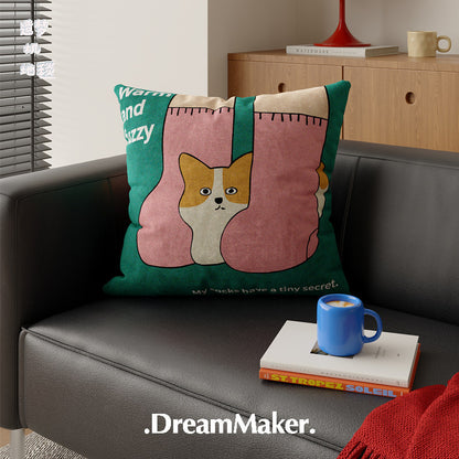 Plush Decorative Square Throw Pillow Cover with Cartoon Cat and Cozy Sock Illustration