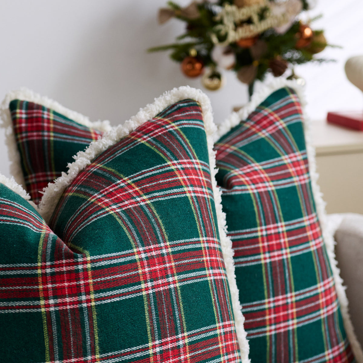 Plaid Sherpa-Trim Quadrat Dekorative Wurfkissenbezug