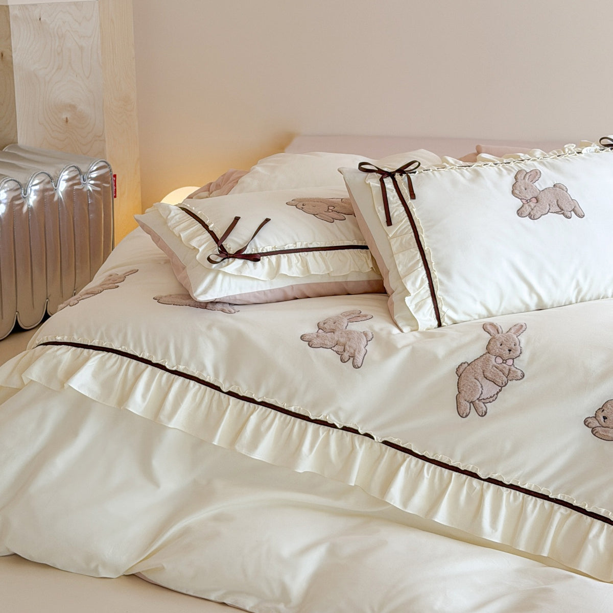 Rüsch-Applikation Hase Baumwolle Bettbezug Set mit Satin-Band Kissenbezüge