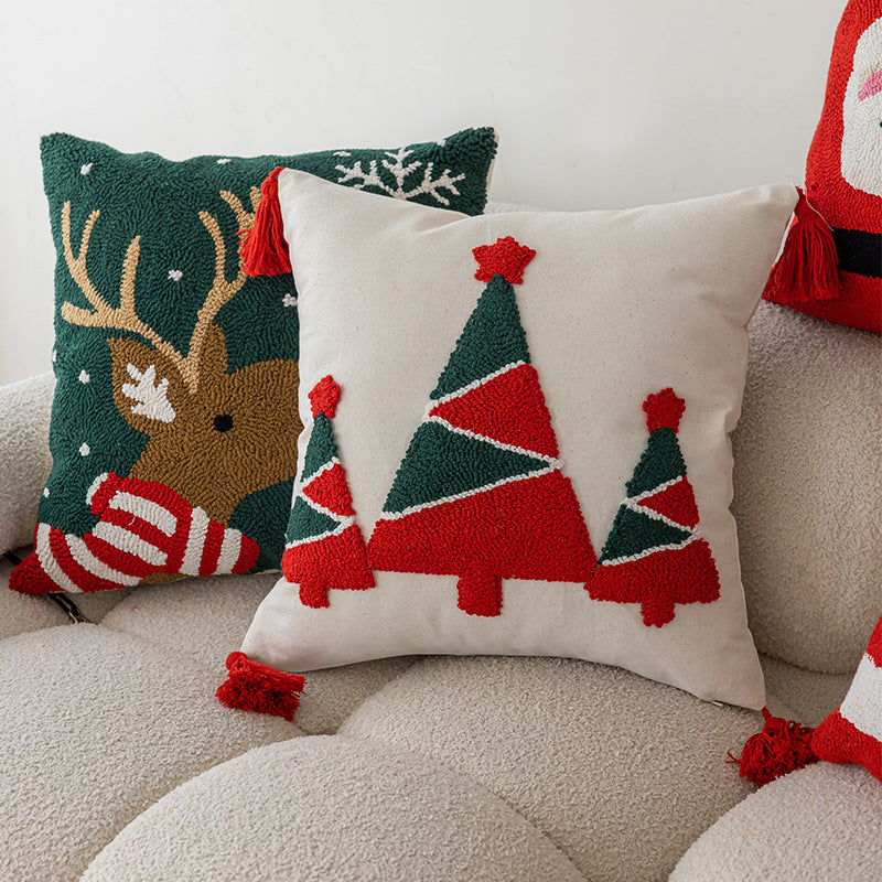 Quadratisches Holiday-Tufted Baumwoll-Wurfkissen mit Quaste-Ecken und Applizierten Weihnachtsbäumen