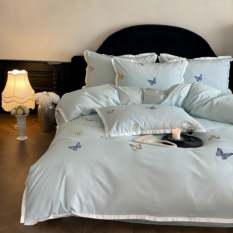Luxuriös besticktes Schmetterling Baumwollsateen Bettbezug Set