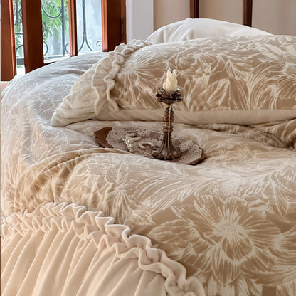 Rüschen Baumwollsatin Bettbezug Set mit floralen Jacquard gesteppte Kissenbezüge und Rüschekante
