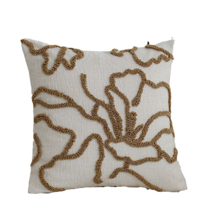 Quadratischer dekorativer Kissenbezug mit erhabenem floralen Chenille‑Tufting und Leinenoptik Brehn