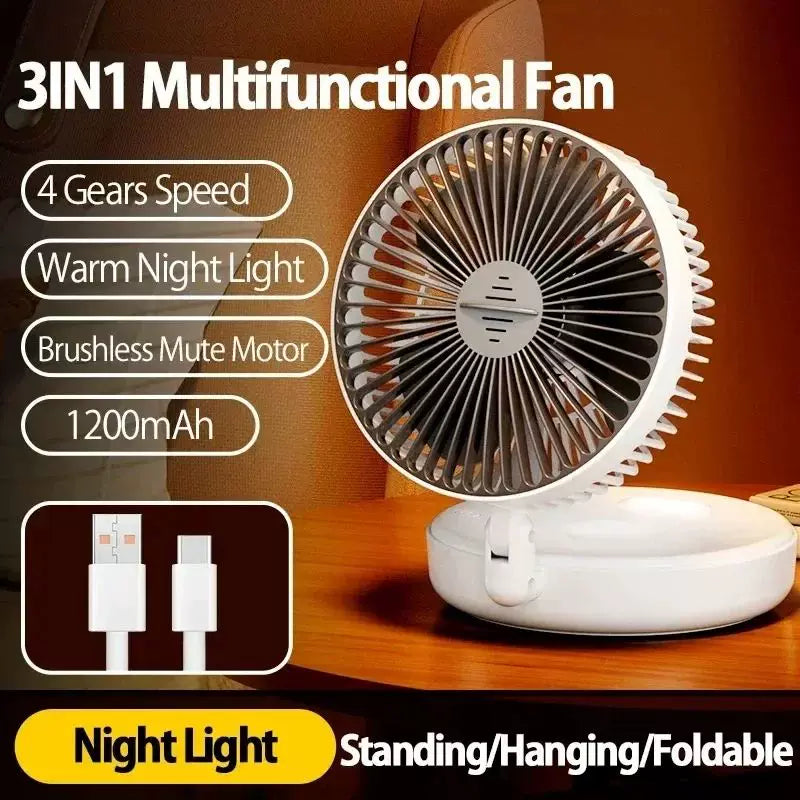 Unisex Einheitsgröße kompakt faltbarer wiederaufladbarer USB Typ C Schreibtischventilator mit verstellbarem Neigungswinkel und integrierter LED-Nachtlampe Brehn