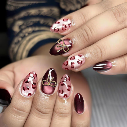 Künstlerischer Leopardenprint und Schleifen Press-On Nagelkunst Brehn