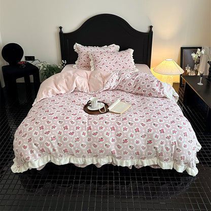 Blumen Rüsch Baumwoll-Look Bettwäsche Set mit dekorativen Kissenbezügen