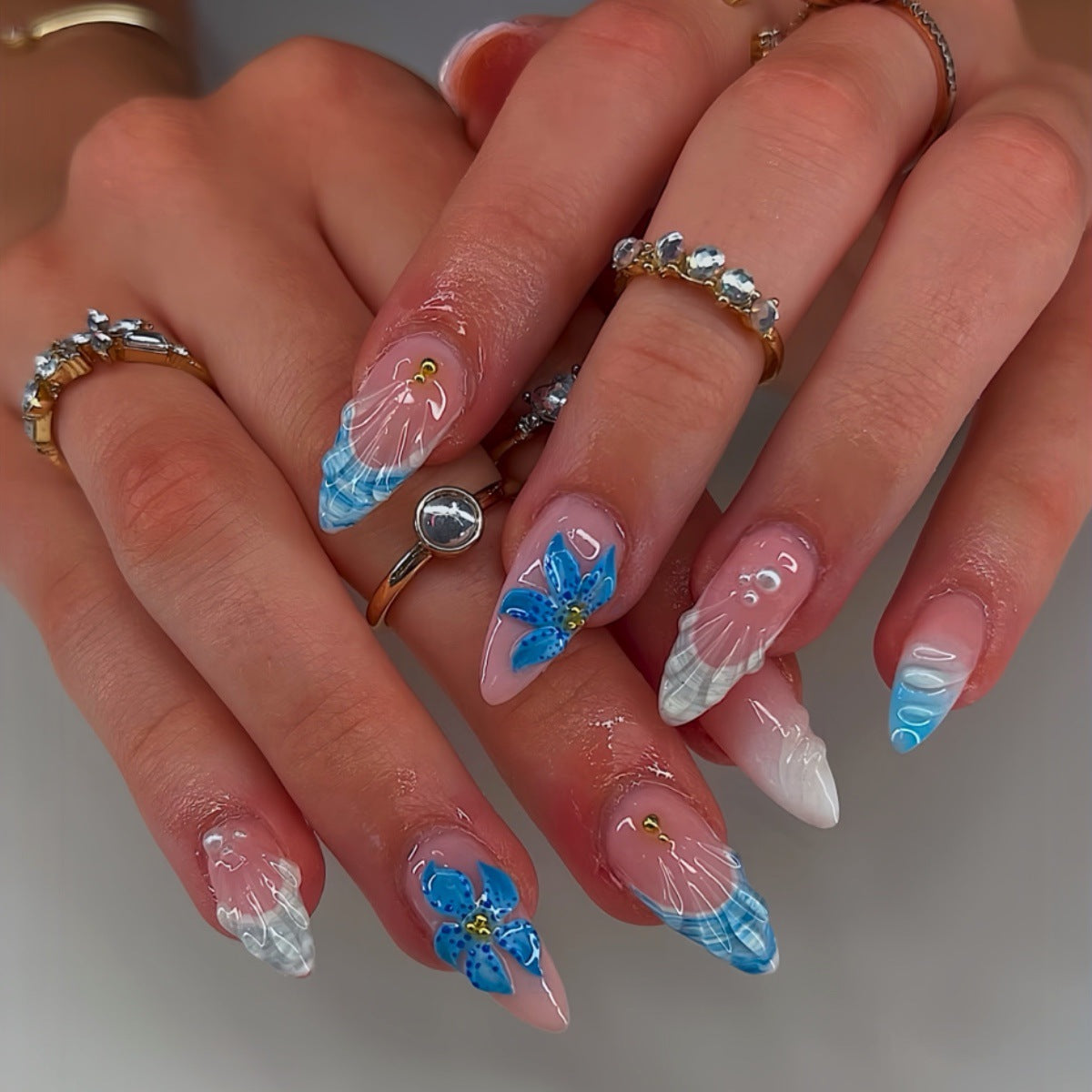 3D Blumen- und Ozean-Themen Nagelkunstverlängerungen Brehn
