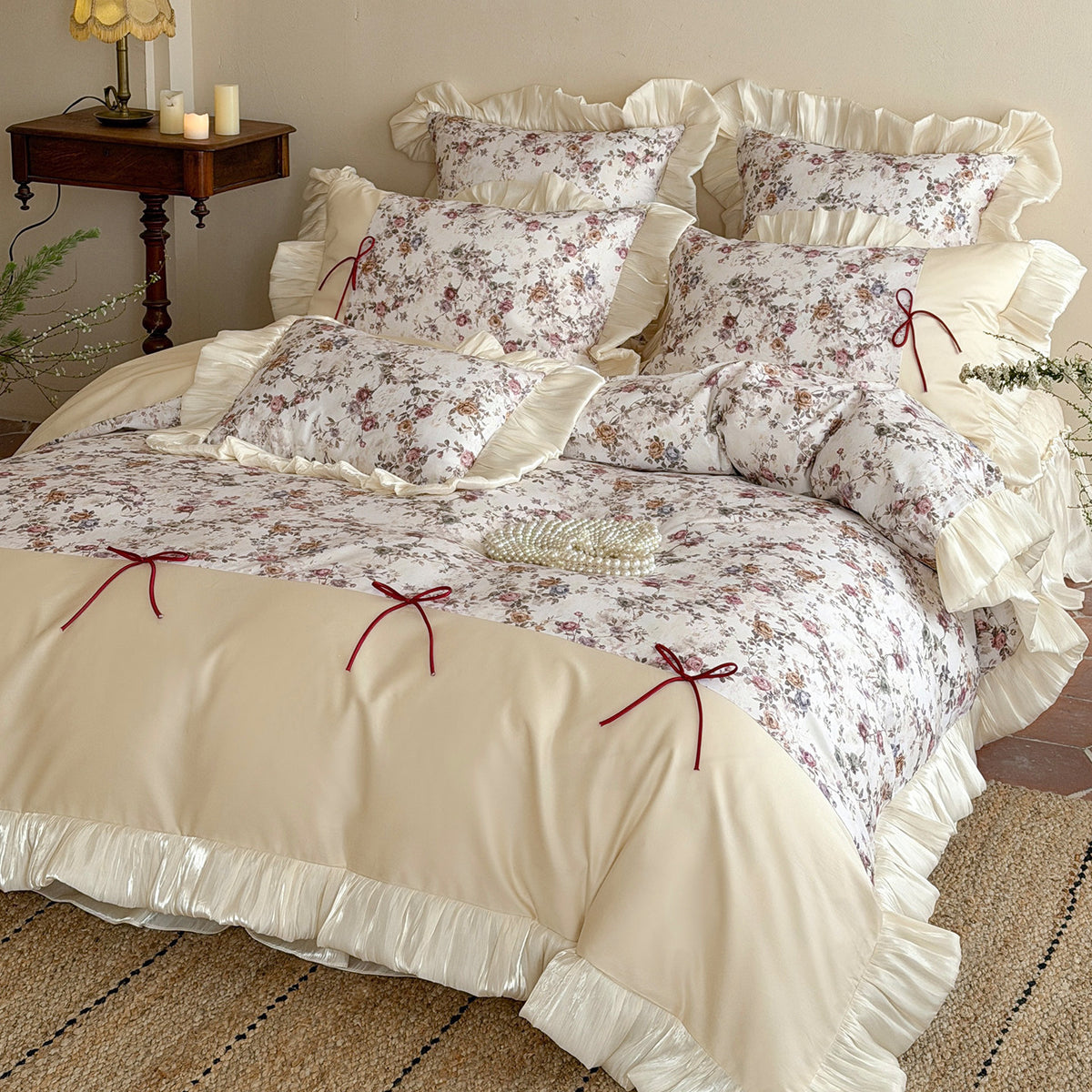 Vintage Floral Rüsch Luxus Baumwolle Bettbezug und Kissenbezug Set