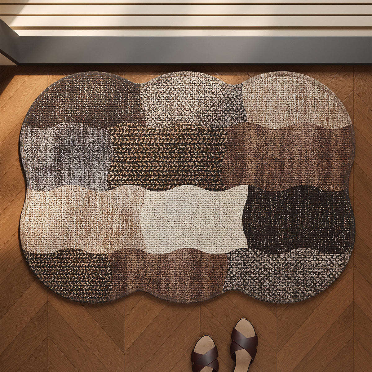 Wavy-Edge Low-Pile Patchwork Entrance Rug with Anti-Slip Backing