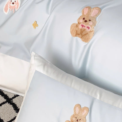 Baumwoll-Satin Applikation Hase Bettbezug Set mit Kontrastbordüre und Dekokissenbezügen
