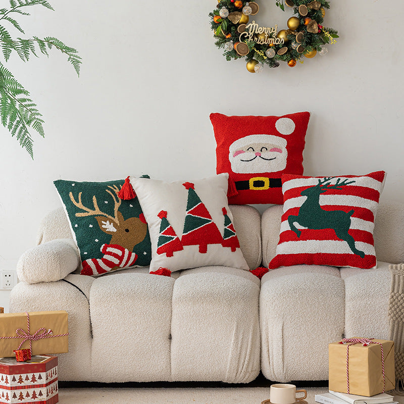 Quadratisches Holiday-Tufted Baumwoll-Wurfkissen mit Quaste-Ecken und Applizierten Weihnachtsbäumen