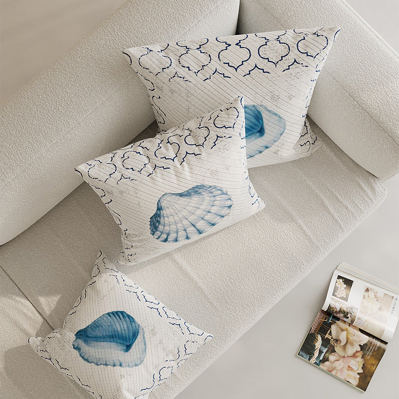 Decorative Coastal Shell Print Square Throw Pillow Cover with Textured Woven Fabric