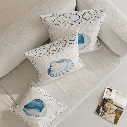 Decorative Coastal Shell Print Square Throw Pillow Cover with Textured Woven Fabric
