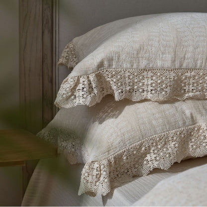 Gecoat Leinen-Mischung Gaze Bettbezug Set mit Häkelspitze und gebundenem Bolster