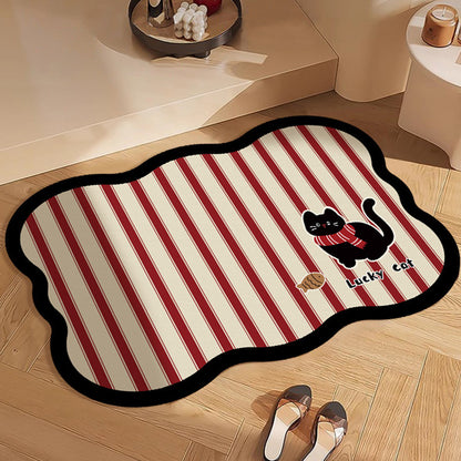 Decorative Scalloped Non-Slip Striped Bath Mat with Lucky Cat Print