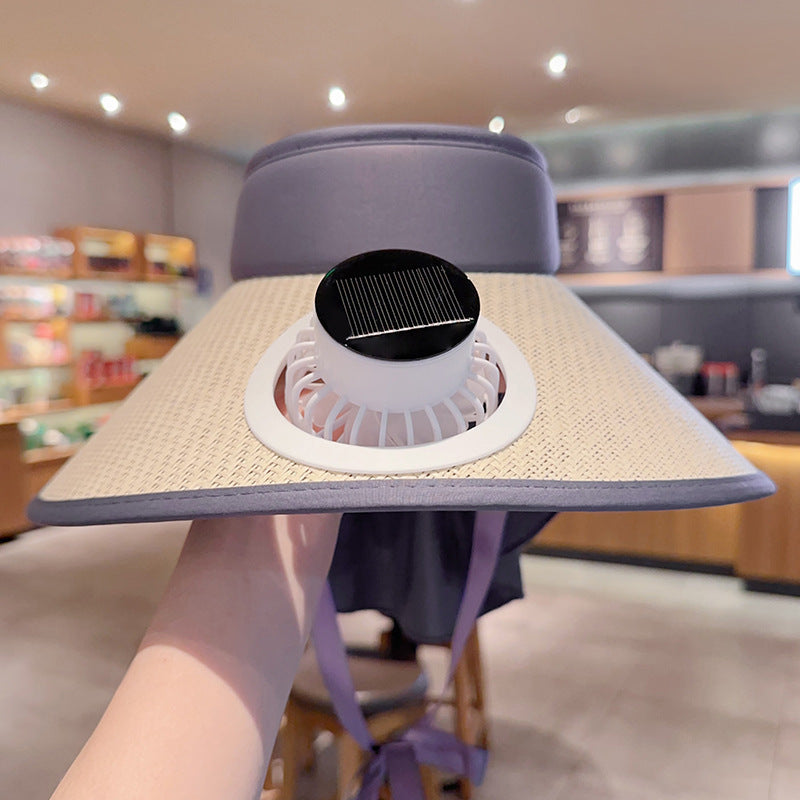 Atmungsaktiver Sonnenhut mit zwei integrierten Mini-Ventilatoren, breiter Krempe und verstellbarem Kinnriemen Brehn