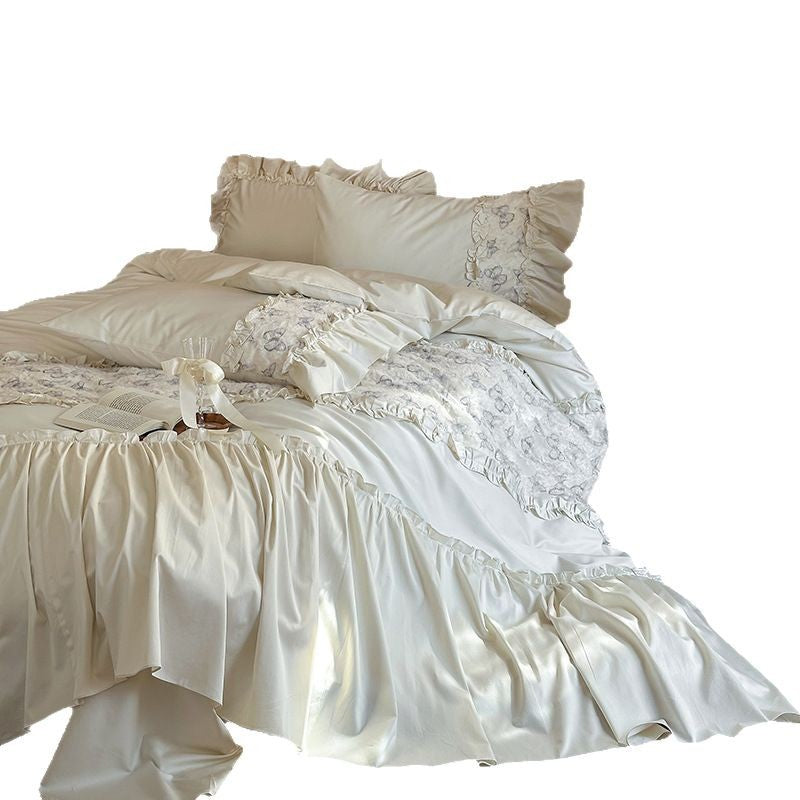 Hotel-Soft Rüschen Baumwoll-Satin Bettbezug Set mit gerafftem Bettschoner & Floral Matelassé Panel