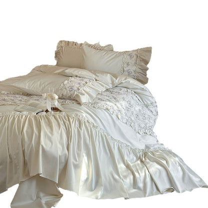 Hotel-Soft Rüschen Baumwoll-Satin Bettbezug Set mit gerafftem Bettschoner & Floral Matelassé Panel