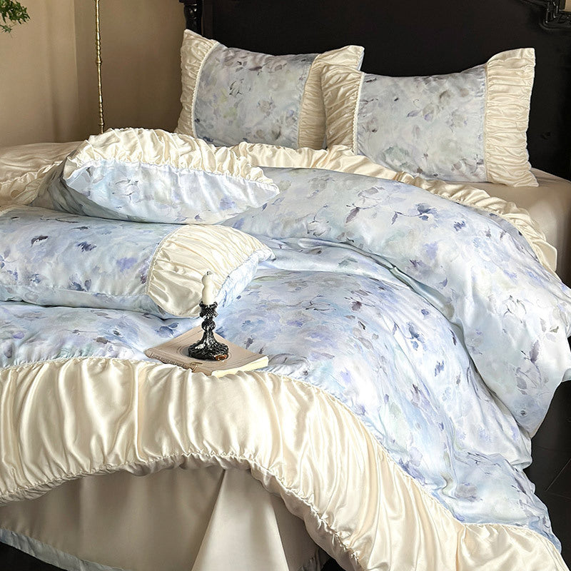 Elegantes Satin-Bettwäscheset mit Aquarell-Blumenmuster, Volant und gerafften Kissenbezügen