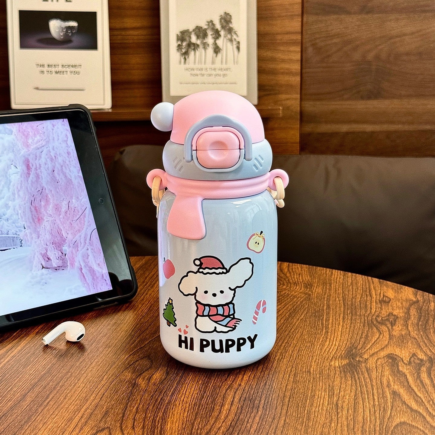 Damen isolierte Trinkflasche mit sicherem Klappdeckel und verspieltem Hunde-Design Brehn