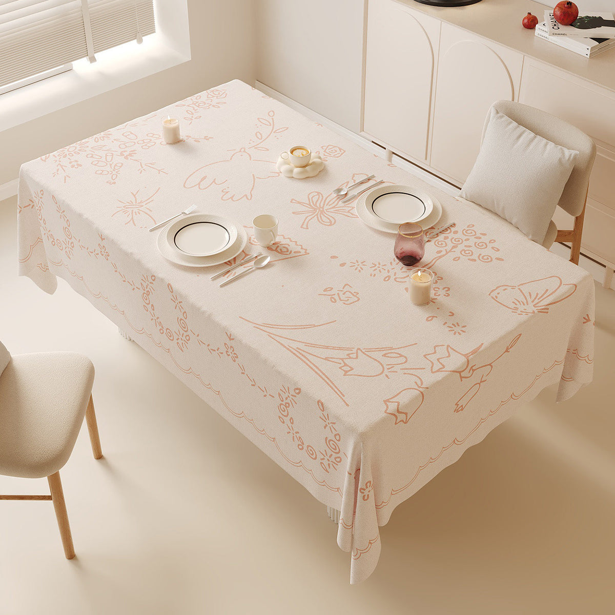 Printed Linen-Blend Rectangular Tablecloth with Botanical Line-Art and Scalloped Border