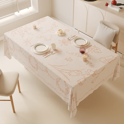 Printed Linen-Blend Rectangular Tablecloth with Botanical Line-Art and Scalloped Border