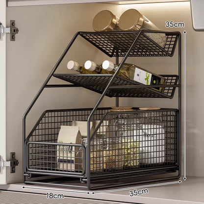 Unter-Schrank Gleitender Drei-Ebenen Mesh Korb Organizer mit Abnehmbaren Behältern