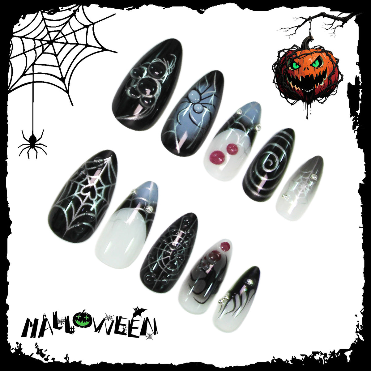 Kunstnagelset mit gruseligen Spinnen- und Halloween-Motiven Brehn