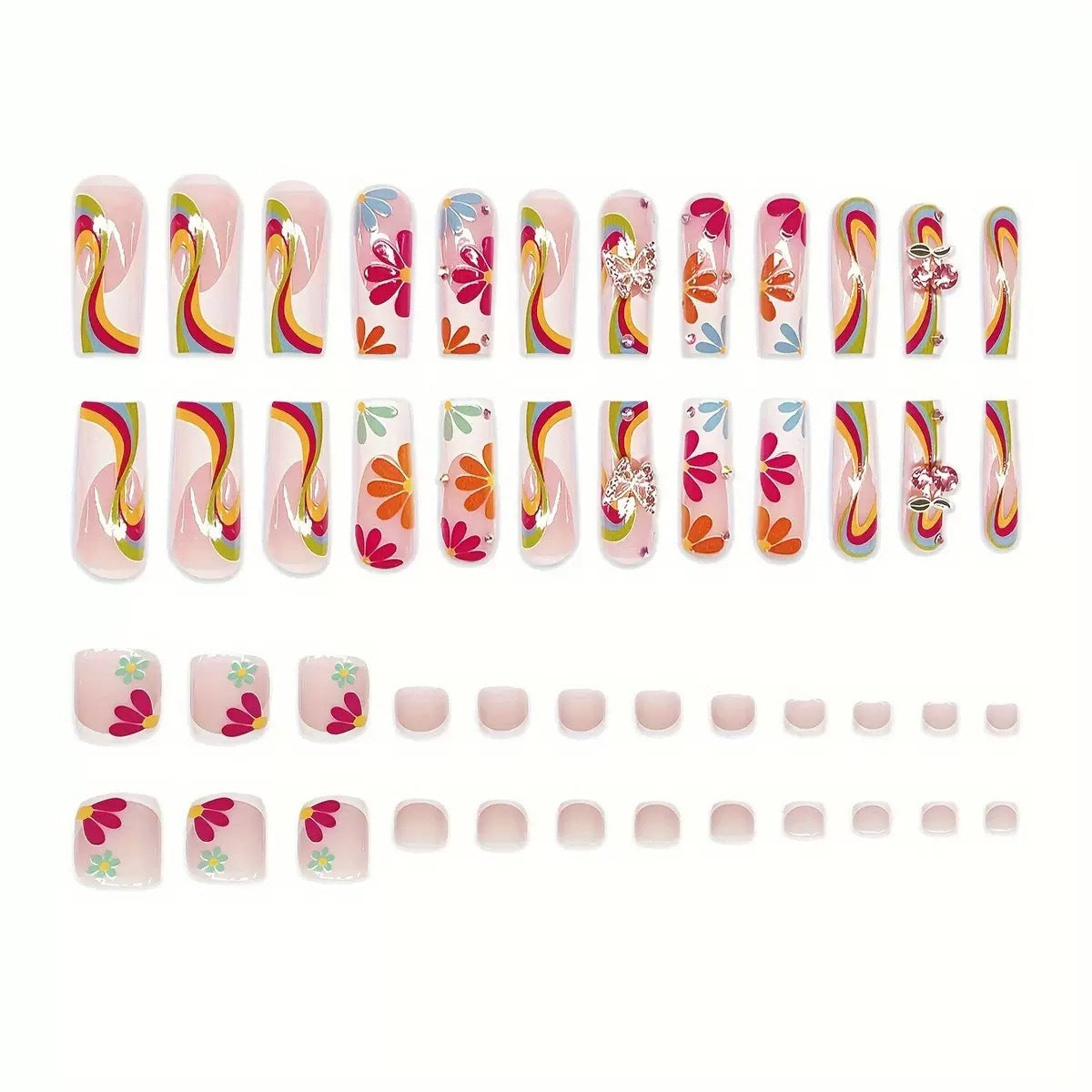 Kunstnagelset mit leuchtenden Blumenmotiven und Glitzerakzenten Brehn