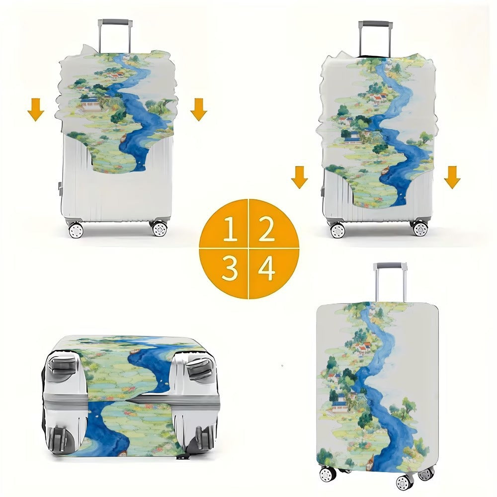 Unisex nan elastische Kofferhülle mit detaillierter Fluss- und Dorfillustrationsdruck, reißfester Stretchschutz für Hartschalen- und Stofftrolley Brehn