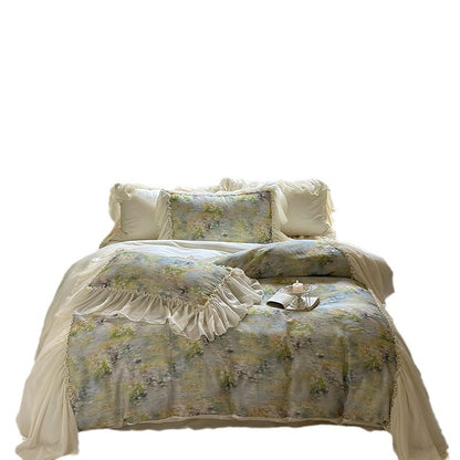 Luxus-Baumwoll-Bettwäsche-Set mit romantischen Rüschen und Aquarell-Blumenmuster