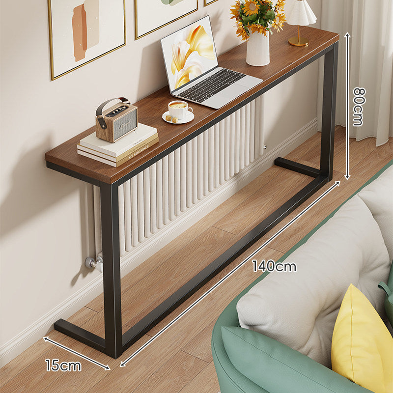 Schlanke schmale Konsole mit weißem Metallrahmen und Holzmaserung-Oberfläche